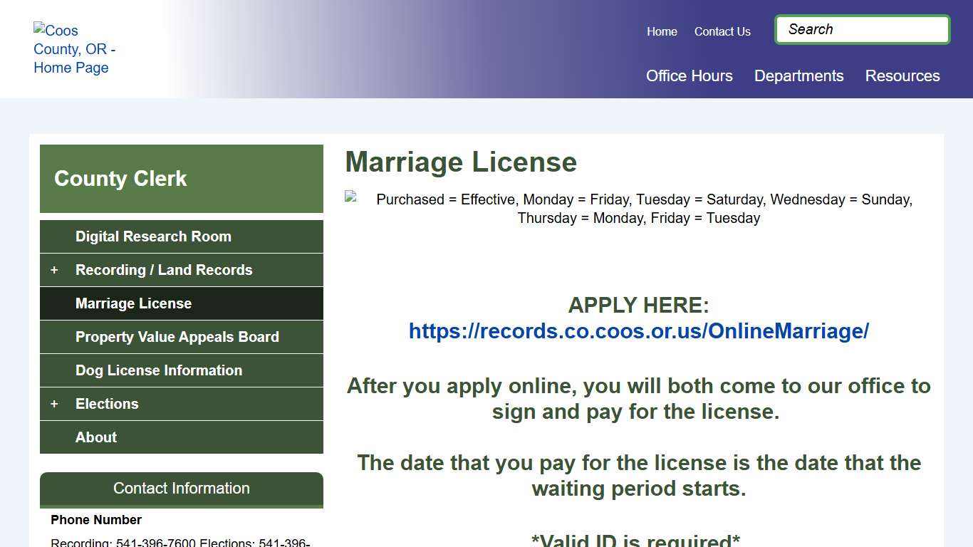 Marriage License Coos County, OR